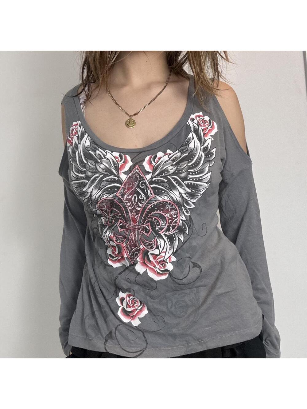 Y2K Medium grunge affliction off shoulder long sleeve top bedazzled fleur-de-lis